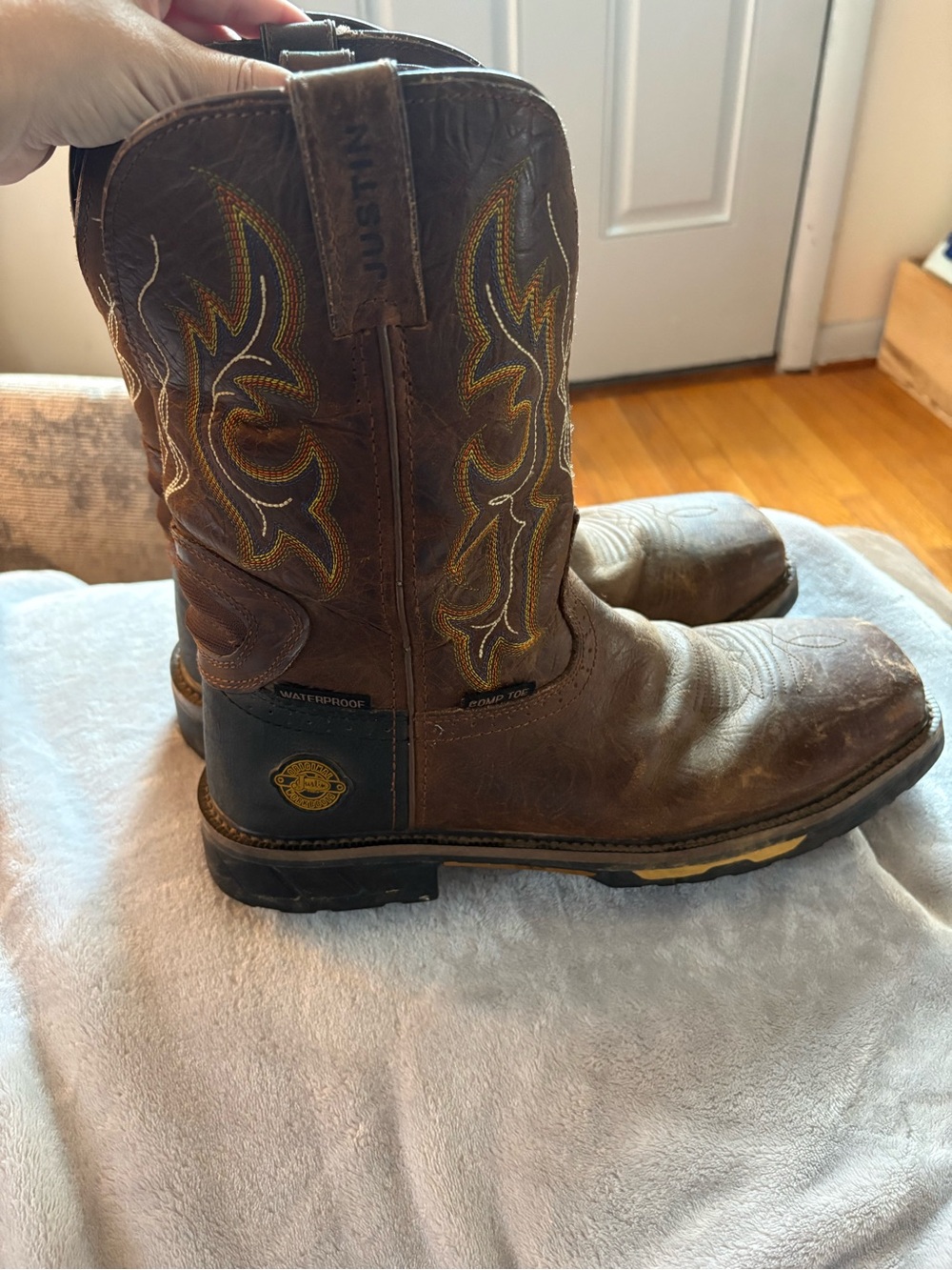 Justin Boots Brown Leather Western Work Boots with Yellow Stitching